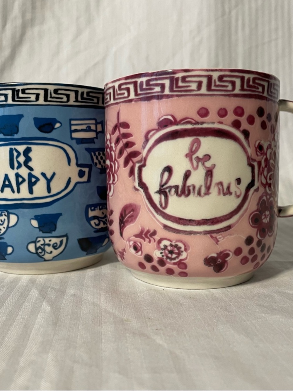 Anthropologie set of Blue and White, and Pink and White Ceramic mugs